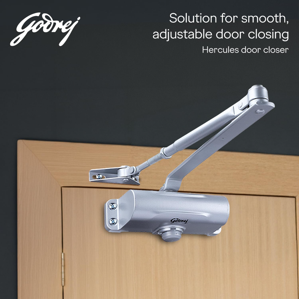Godrej Hercules Door Closer | No Oil Leakage Guaranteed | Rack and Pinion Mechanism | Double Speed Adjustment (Silver Finish)